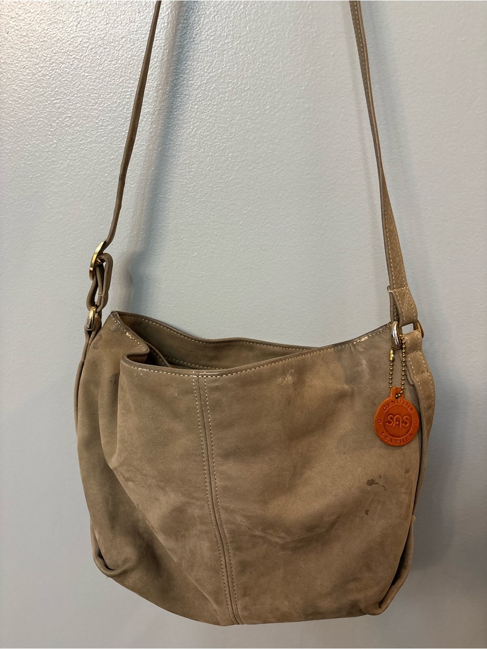 SAS Leather Slouchy Shoulder Bag, Taupe Suede, Vintage